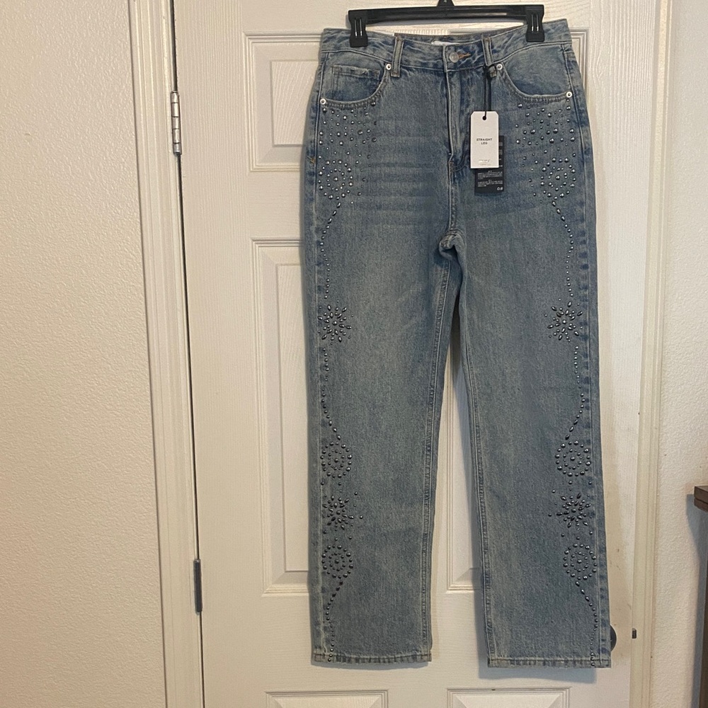 Forever 21 Light Blue Embellished Straight Leg Jeans
